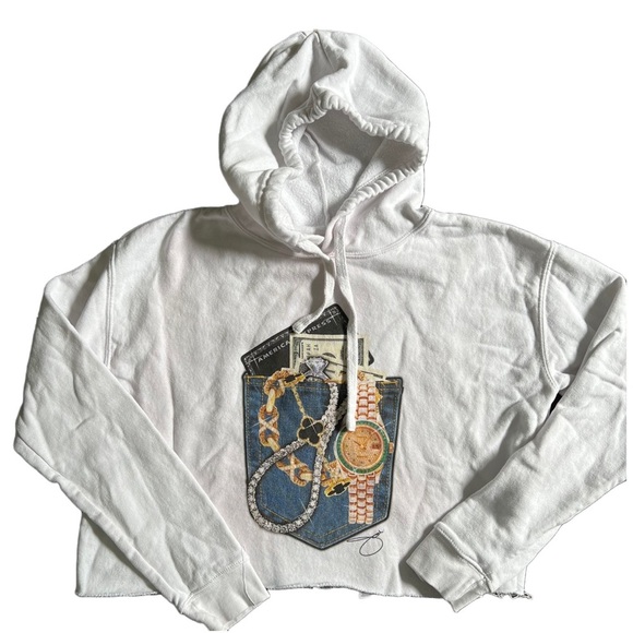 LANE SEVEN WHITE CROPPED HOODIE WITH PRINT OF MONEY WND JEWELS SIZE MEDIUM - Picture 1 of 6